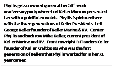 Text Box: Phyllis gets crowned queen at her 50th work anniversary party where Lori Keller Morrow presented her with a gold Rolex watch.  Phyllis is pictured here with the three generations of Keller Presidents.  Left George Keller founder of Keller Marine & RV.  Center Phyllis and back row Mike Keller, current president of Keller Marine and RV.  Front row right is Flanders Keller founder of Keller Kraft boats who was the first generation of Kellers that Phyllis worked for in her 71 year career.